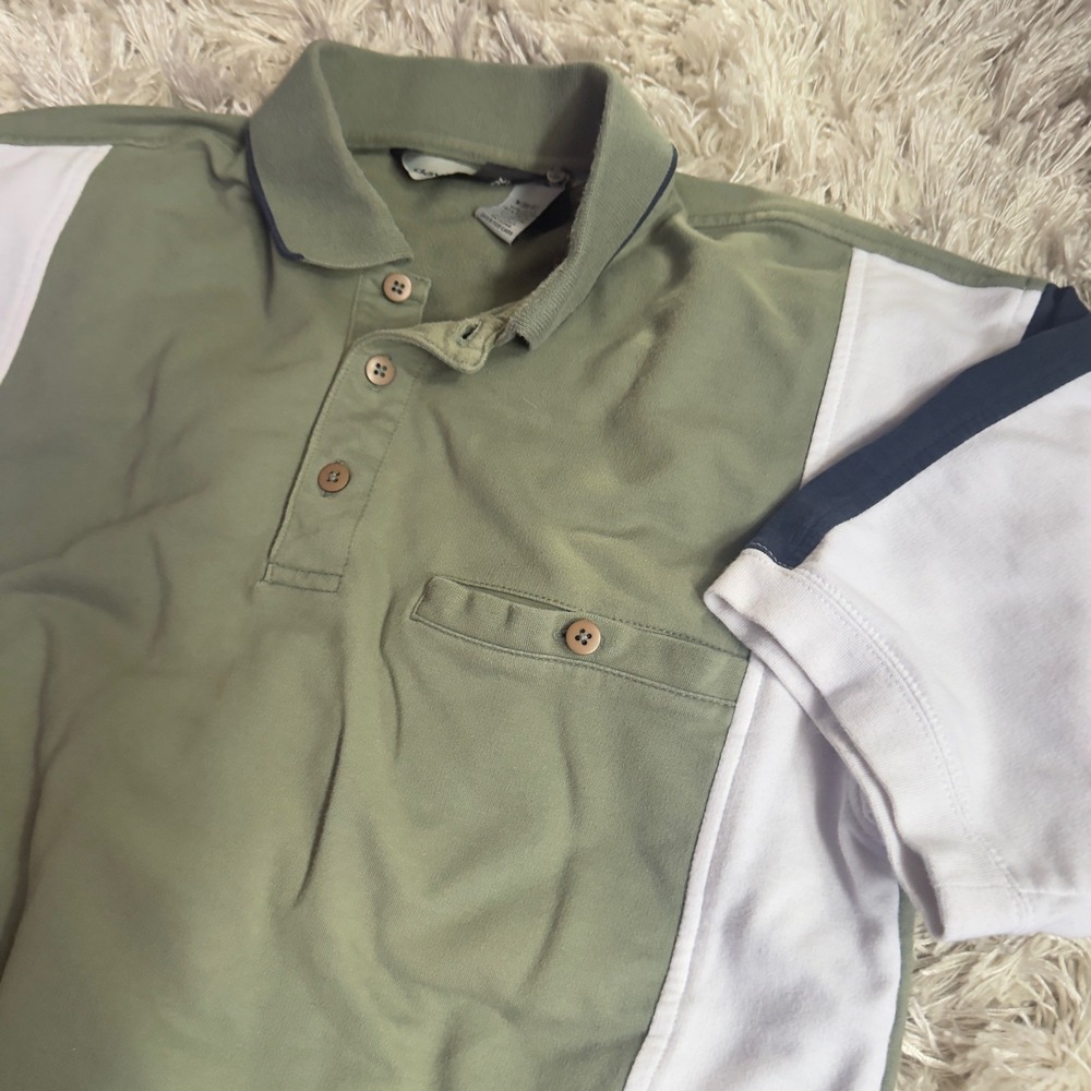 Vintage Colorblock Banded Bottom Polo Shirt Sage Green White Navy Mens‎ Medium